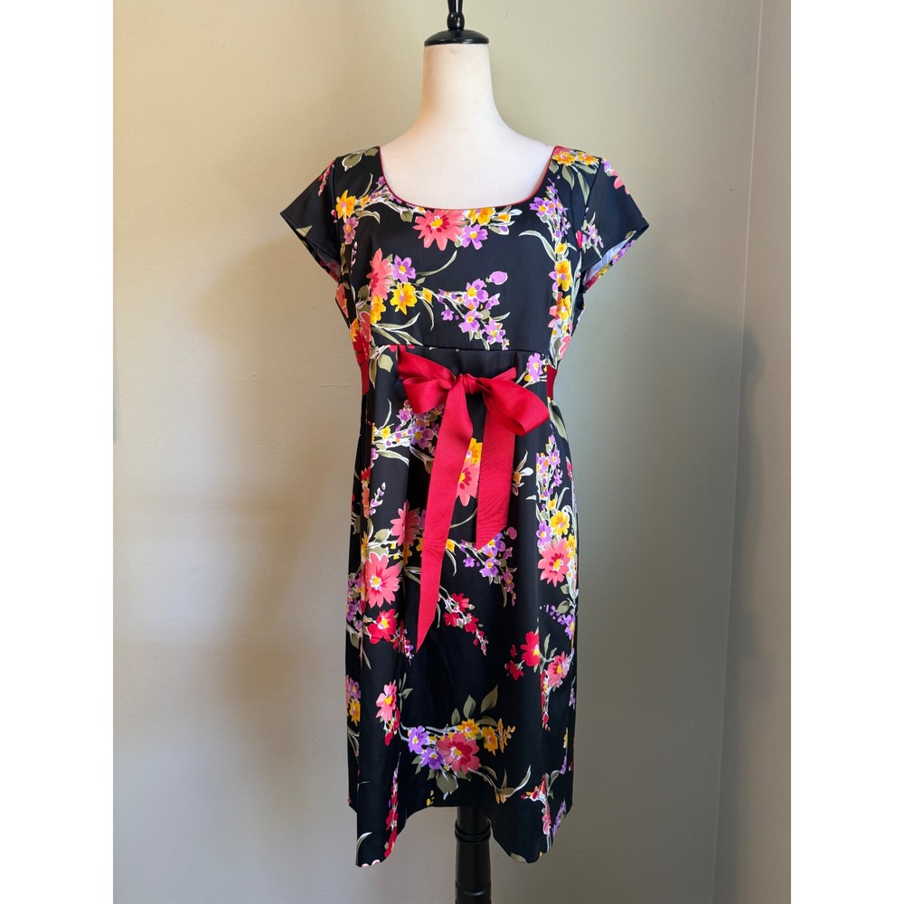 Studio AA Black Floral Sheath Dress Red Ribbon 14 boho whimsigoth retro y2k dain